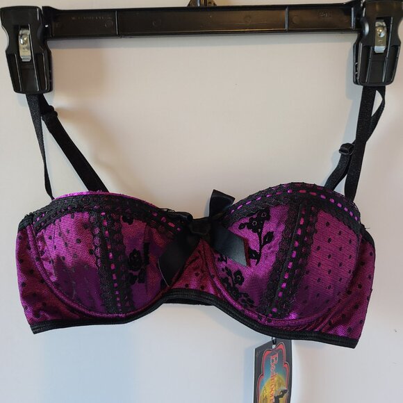 BEDROOM STORIES POLKA DOT&LACE BRALETTE- UNDER WIRE-MAGENTA /BLACK - SIZE MEDIUM - Picture 1 of 8